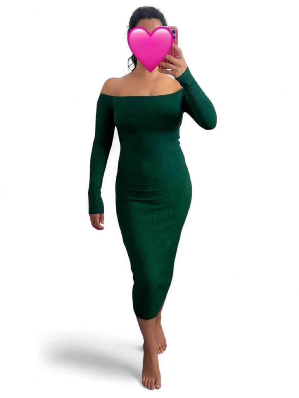 Enza Costa Off-Shoulder Ribbed Midi Dress — Forest Green